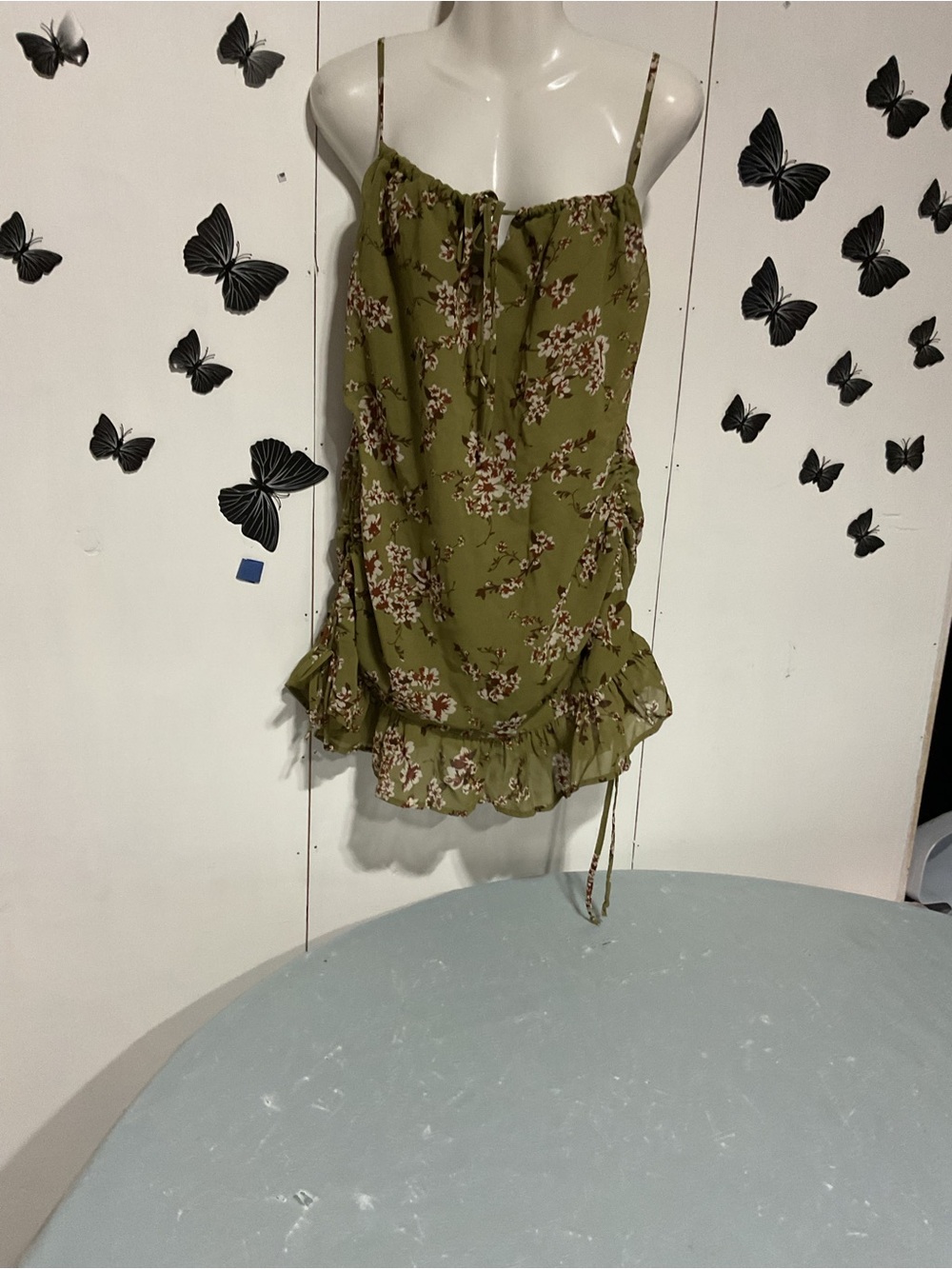 Olive Green Floral Ruffle Mini Dress 1018